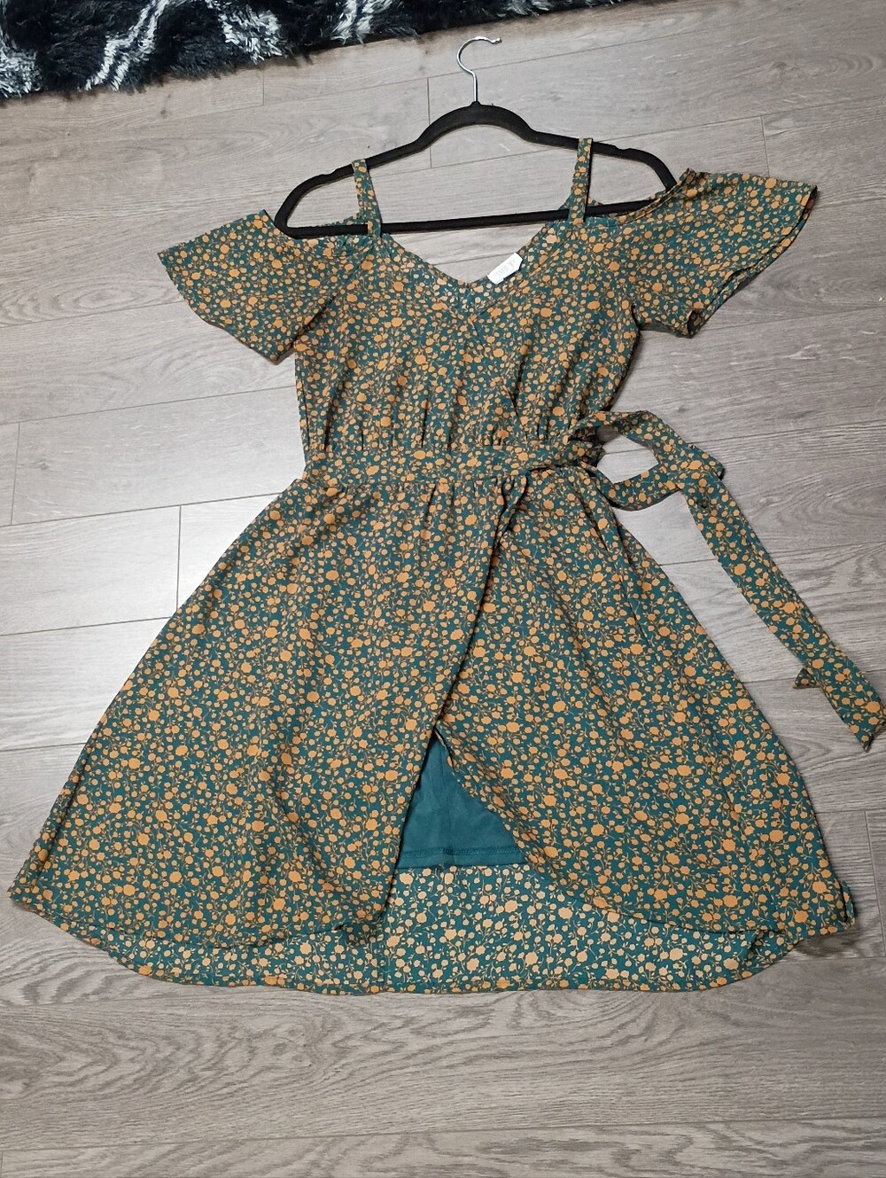 Sienna Sky Floral Cold-Shoulder Dress with Waist Tie - Teal & Mustard